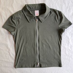 No Boundaries Double Zip Front Army Green Ribbed Knit Polo Baby Tee 90s Y2K